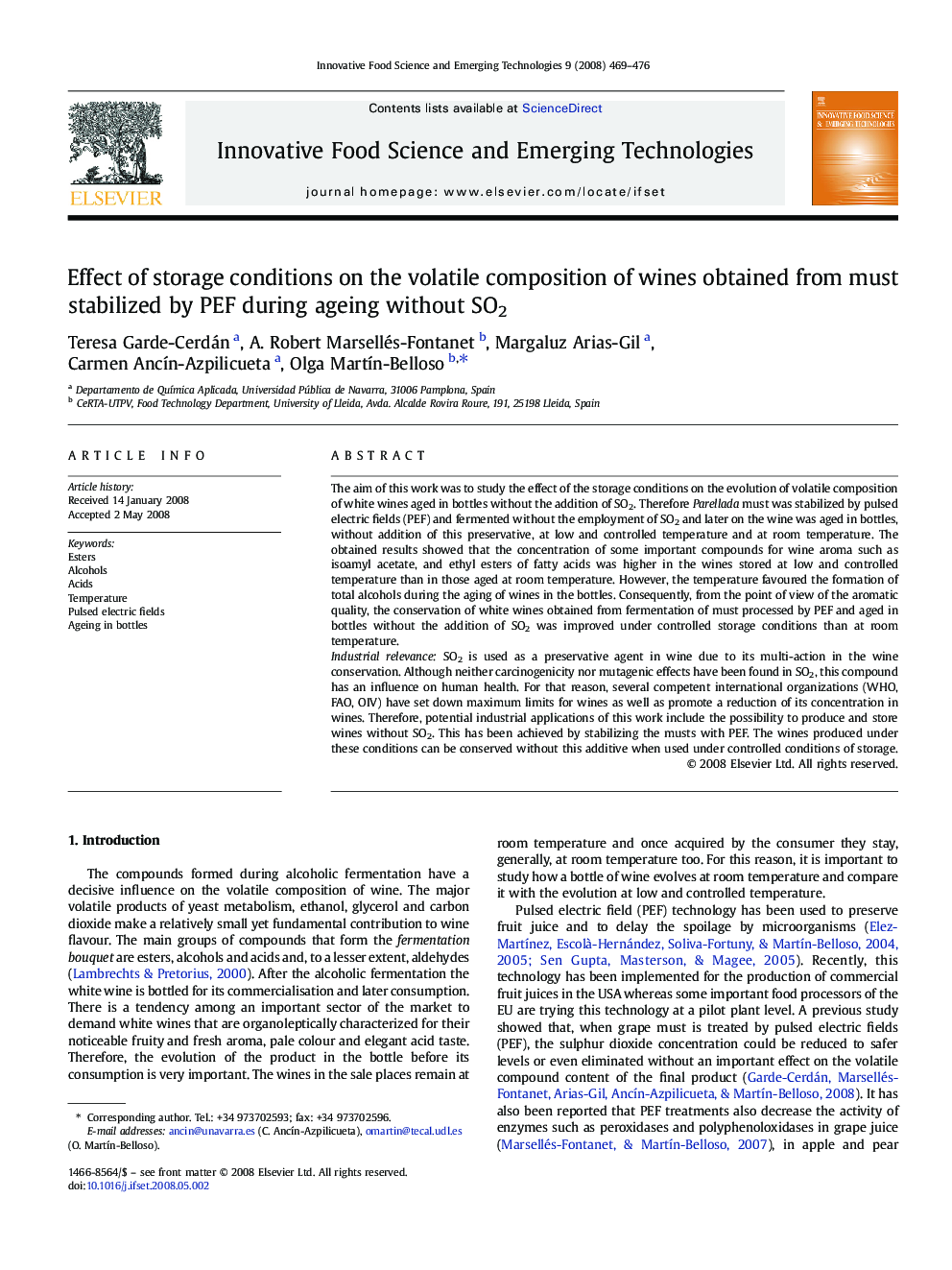 Effect of storage conditions on the volatile composition of wines obtained from must stabilized by PEF during ageing without SO2