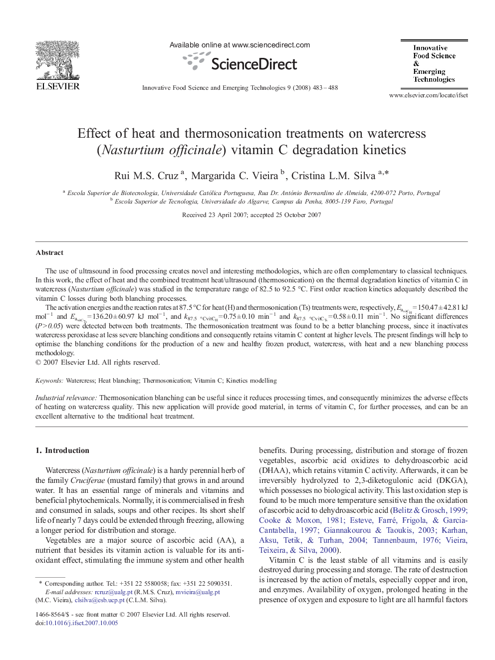 Effect of heat and thermosonication treatments on watercress (Nasturtium officinale) vitamin C degradation kinetics