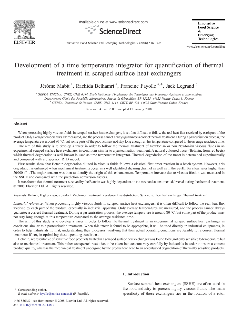 Development of a time temperature integrator for quantification of thermal treatment in scraped surface heat exchangers