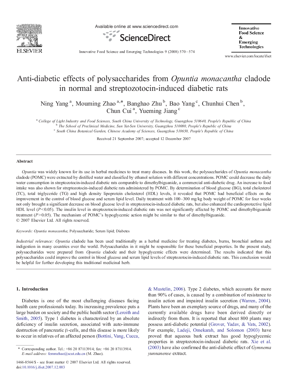 Anti-diabetic effects of polysaccharides from Opuntia monacantha cladode in normal and streptozotocin-induced diabetic rats