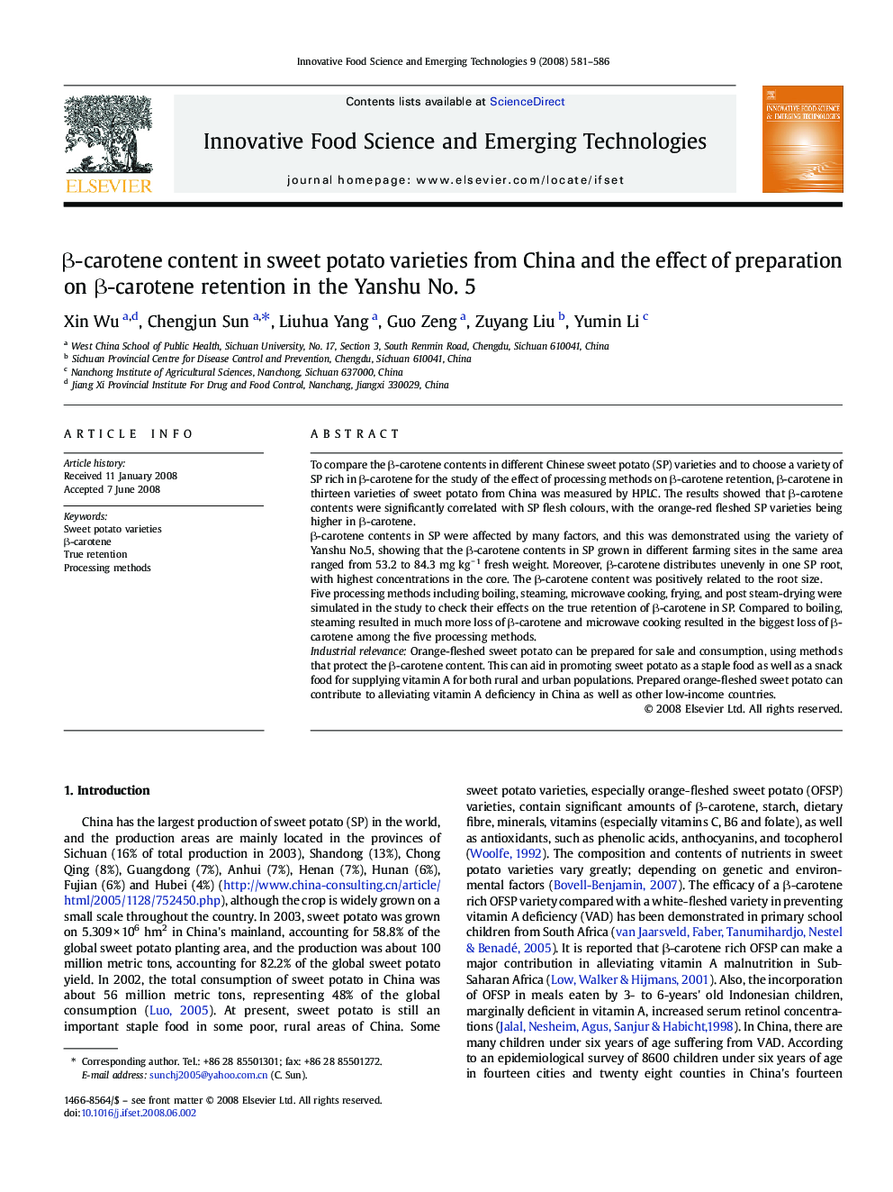 β-carotene content in sweet potato varieties from China and the effect of preparation on β-carotene retention in the Yanshu No. 5