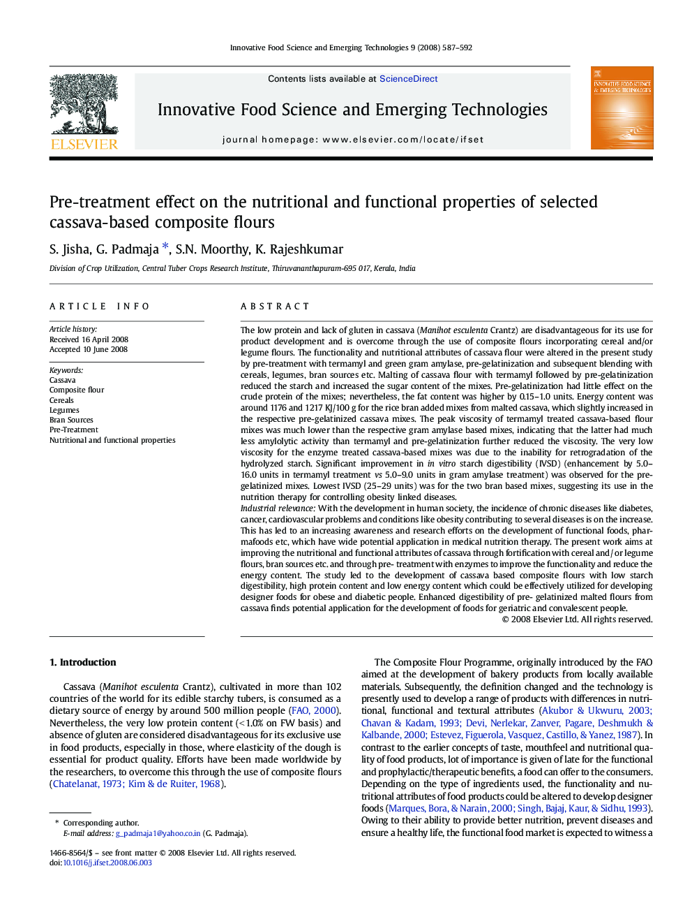 Pre-treatment effect on the nutritional and functional properties of selected cassava-based composite flours