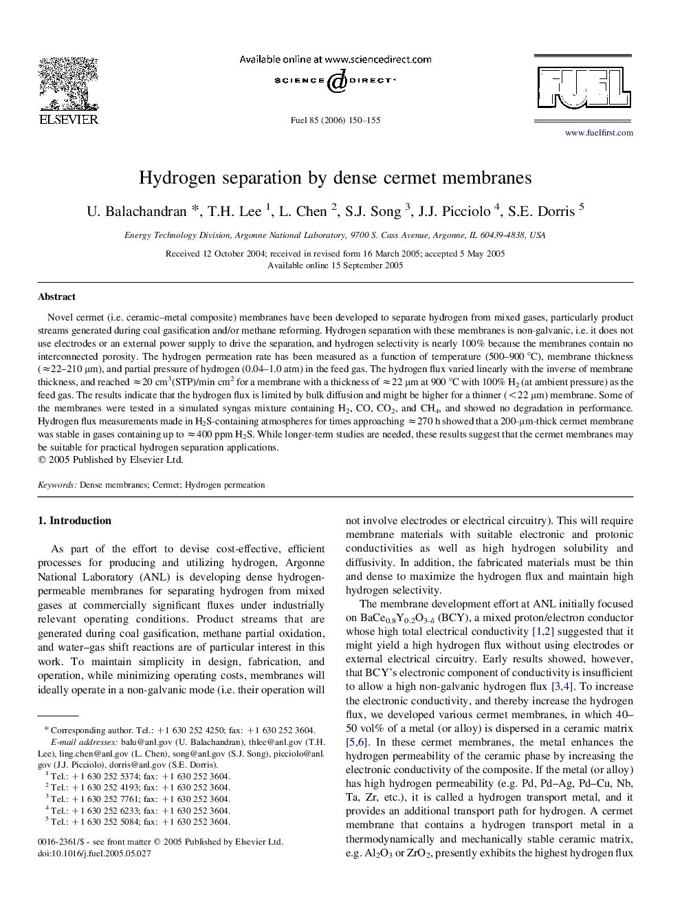 عکس صفحه اول مقاله: Hydrogen separation by dense cermet membranes Hydrogen separation by dense cermet membranes