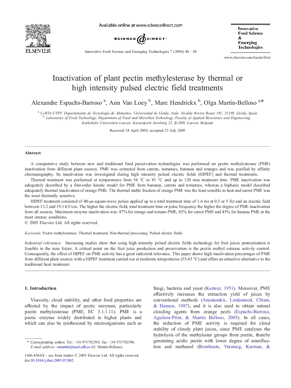 Inactivation of plant pectin methylesterase by thermal or high intensity pulsed electric field treatments