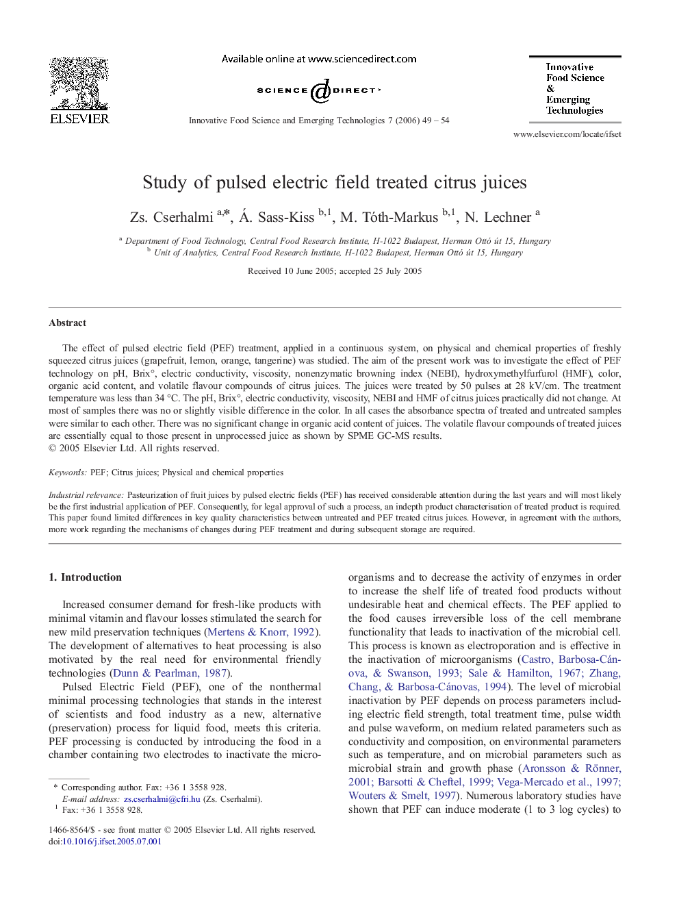 Study of pulsed electric field treated citrus juices