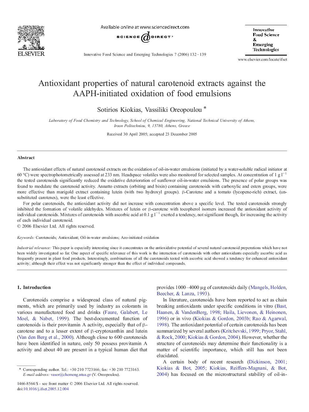 Antioxidant properties of natural carotenoid extracts against the AAPH-initiated oxidation of food emulsions