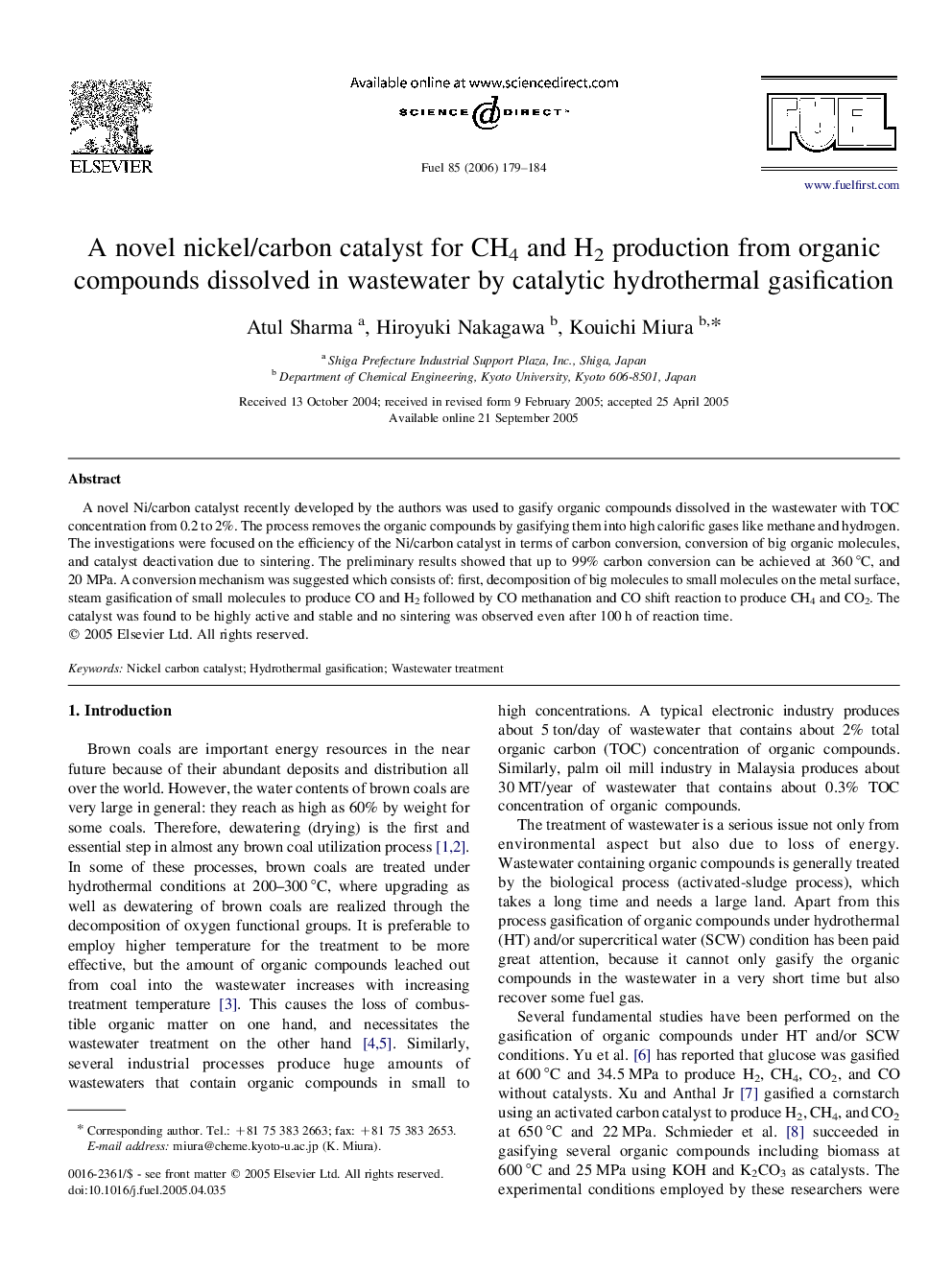 A novel nickel/carbon catalyst for CH4 and H2 production from organic compounds dissolved in wastewater by catalytic hydrothermal gasification