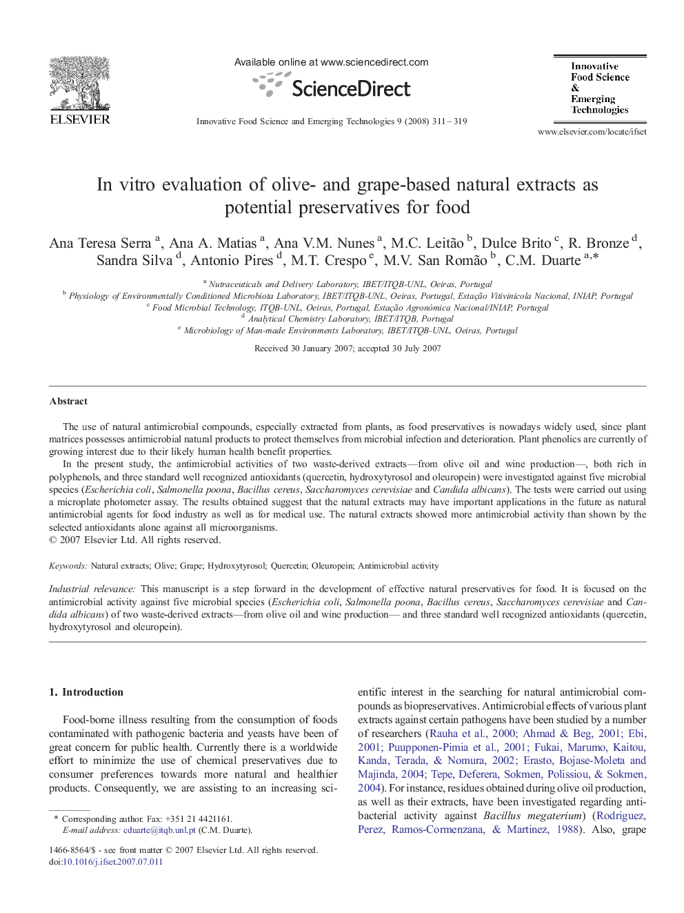 In vitro evaluation of olive- and grape-based natural extracts as potential preservatives for food