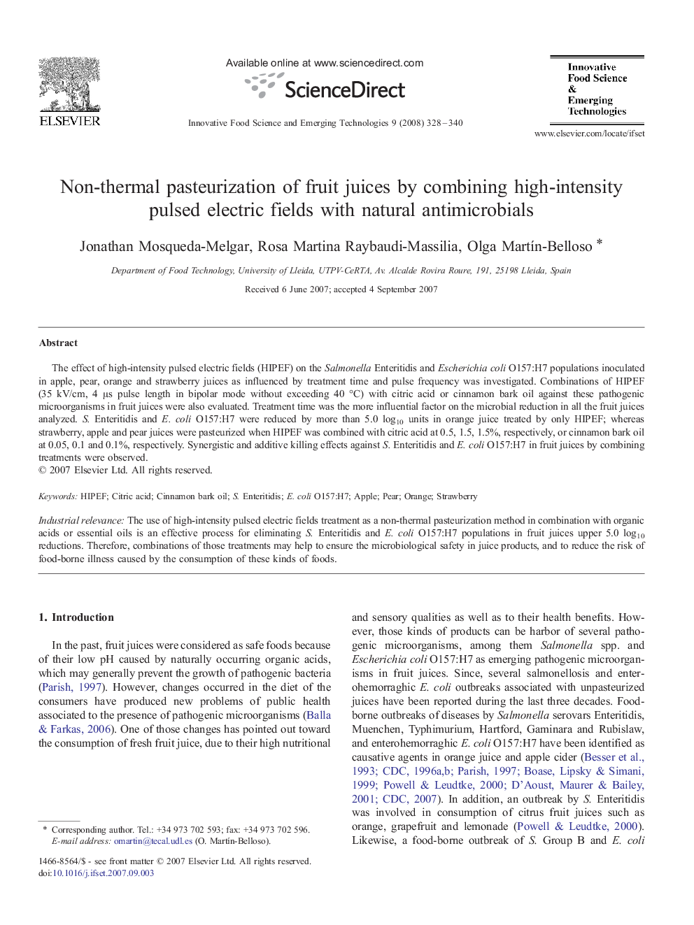 Non-thermal pasteurization of fruit juices by combining high-intensity pulsed electric fields with natural antimicrobials