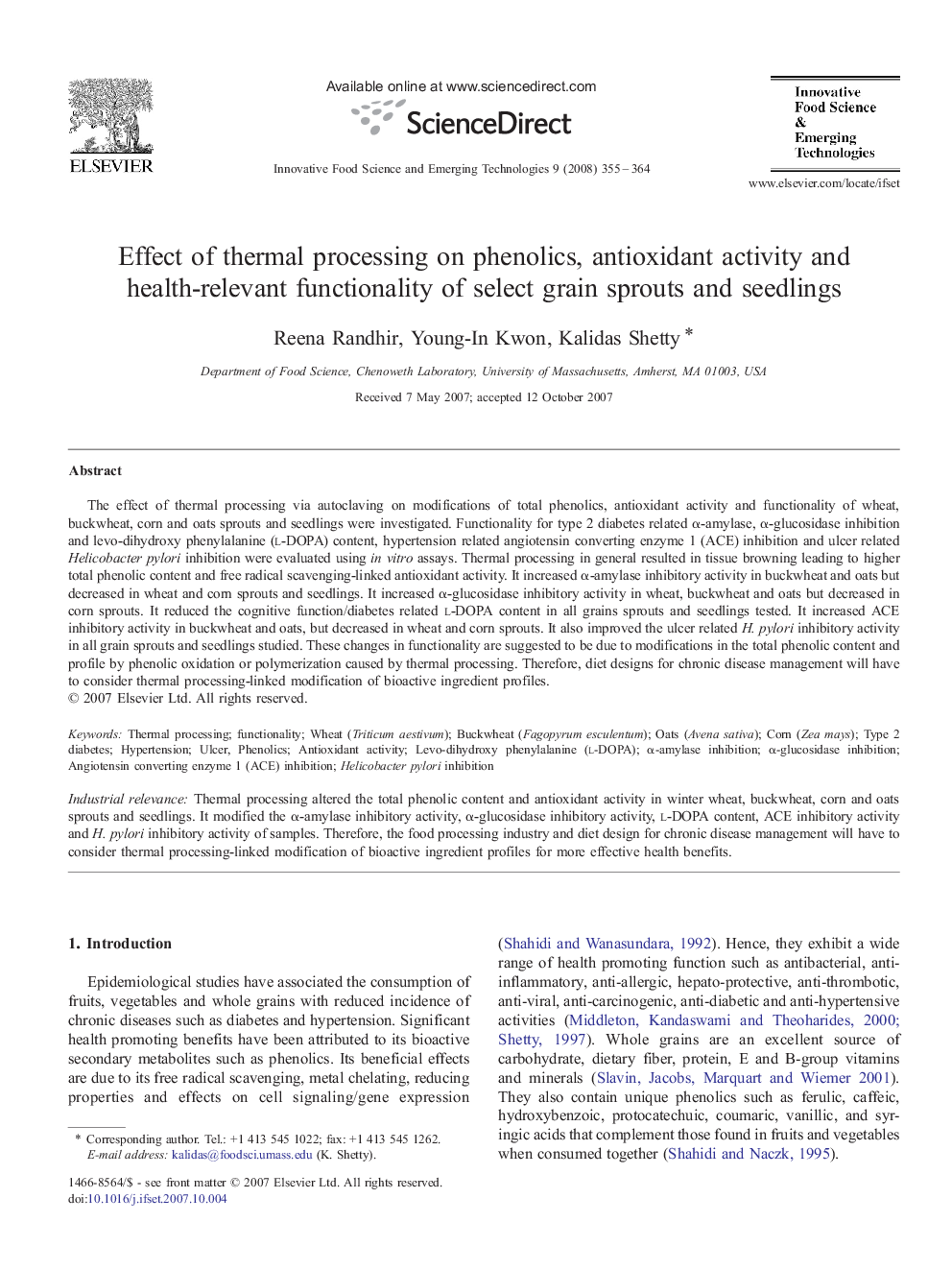 Effect of thermal processing on phenolics, antioxidant activity and health-relevant functionality of select grain sprouts and seedlings