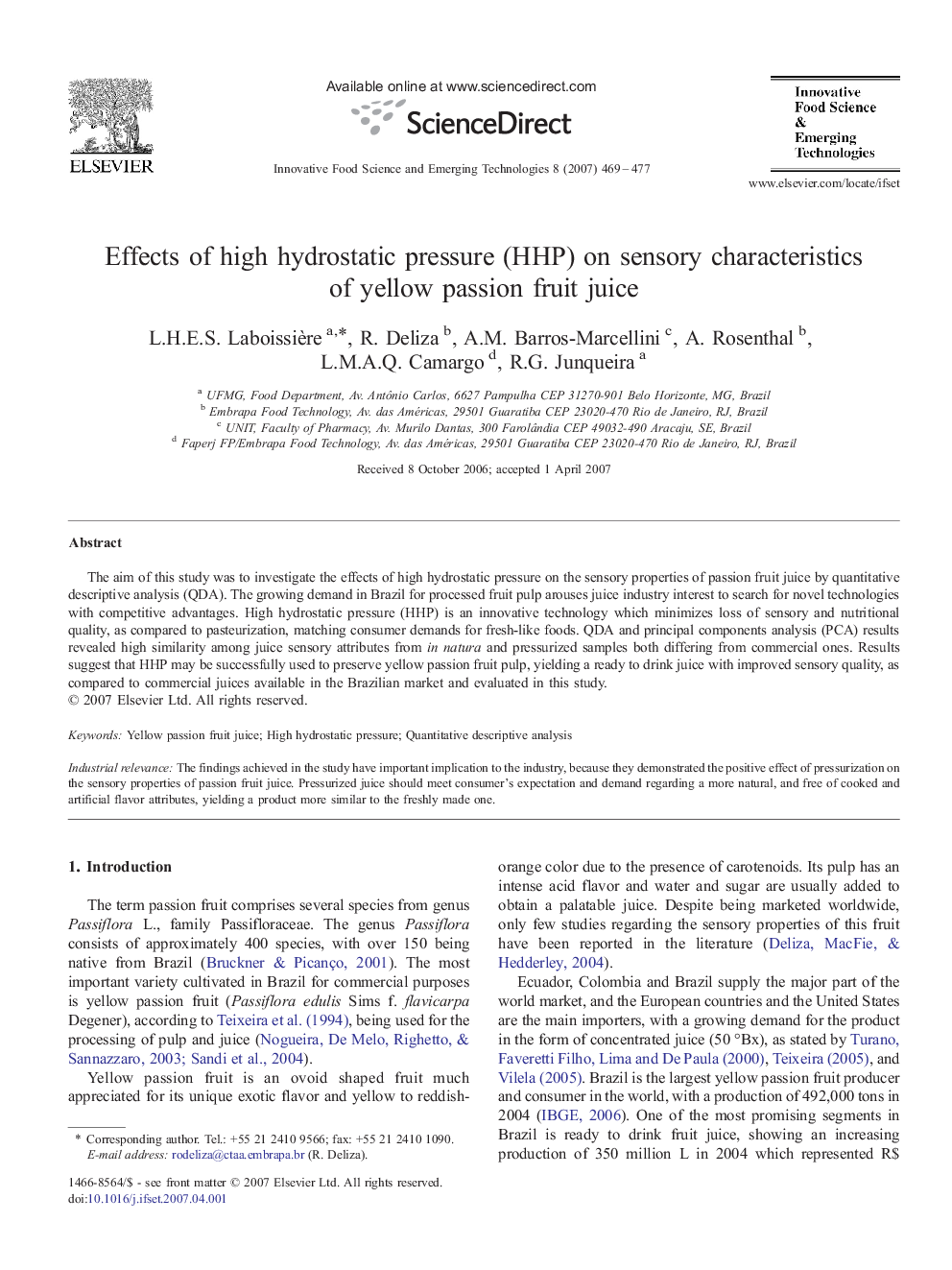 Effects of high hydrostatic pressure (HHP) on sensory characteristics of yellow passion fruit juice