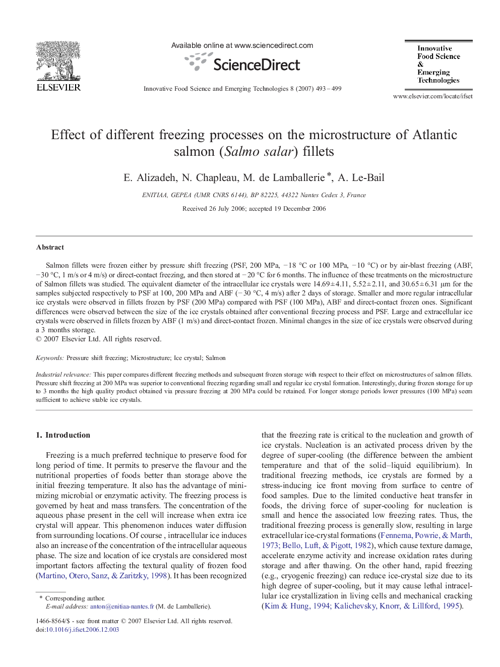 Effect of different freezing processes on the microstructure of Atlantic salmon (Salmo salar) fillets