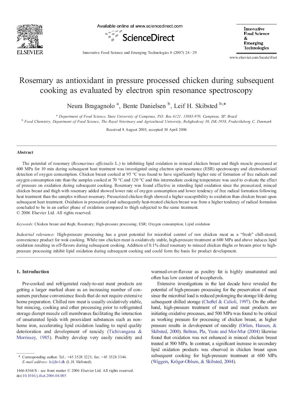 Rosemary as antioxidant in pressure processed chicken during subsequent cooking as evaluated by electron spin resonance spectroscopy