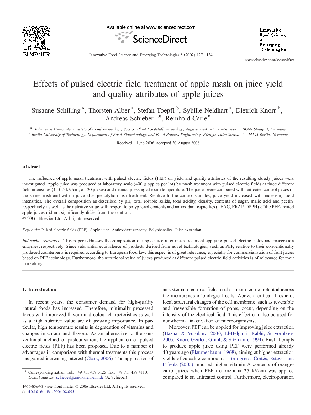 Effects of pulsed electric field treatment of apple mash on juice yield and quality attributes of apple juices