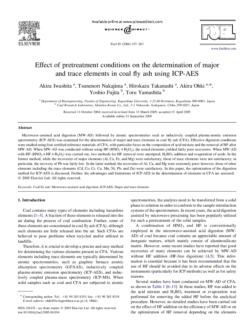 Effect of pretreatment conditions on the determination of major and trace elements in coal fly ash using ICP-AES