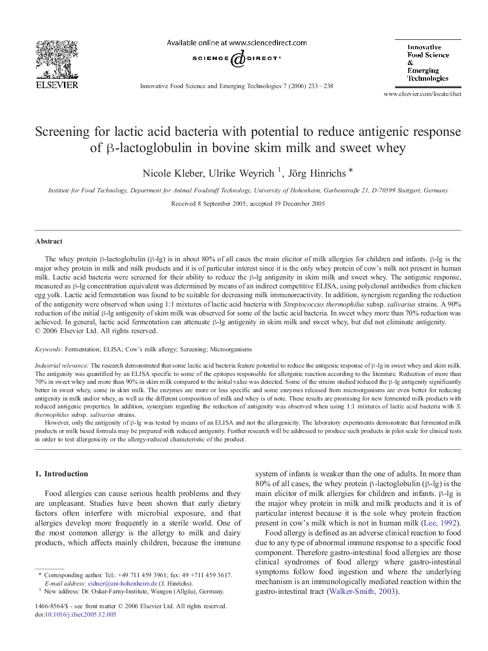 Screening for lactic acid bacteria with potential to reduce antigenic response of β-lactoglobulin in bovine skim milk and sweet whey