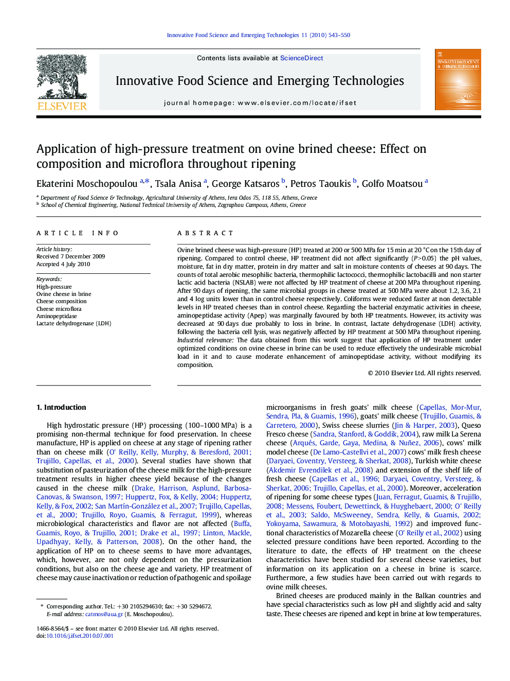 Application of high-pressure treatment on ovine brined cheese: Effect on composition and microflora throughout ripening