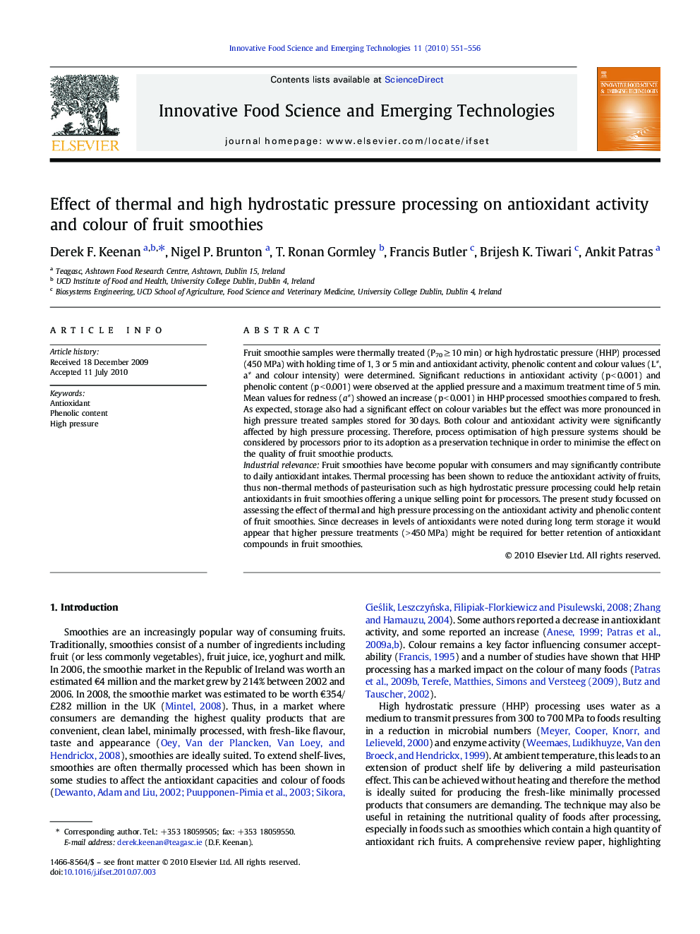 Effect of thermal and high hydrostatic pressure processing on antioxidant activity and colour of fruit smoothies