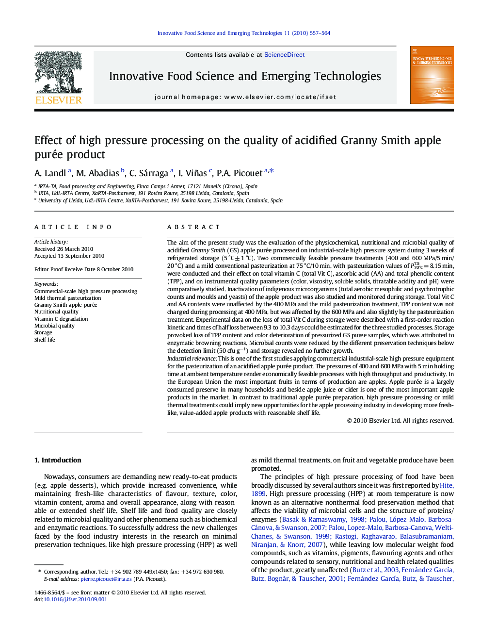 Effect of high pressure processing on the quality of acidified Granny Smith apple purée product