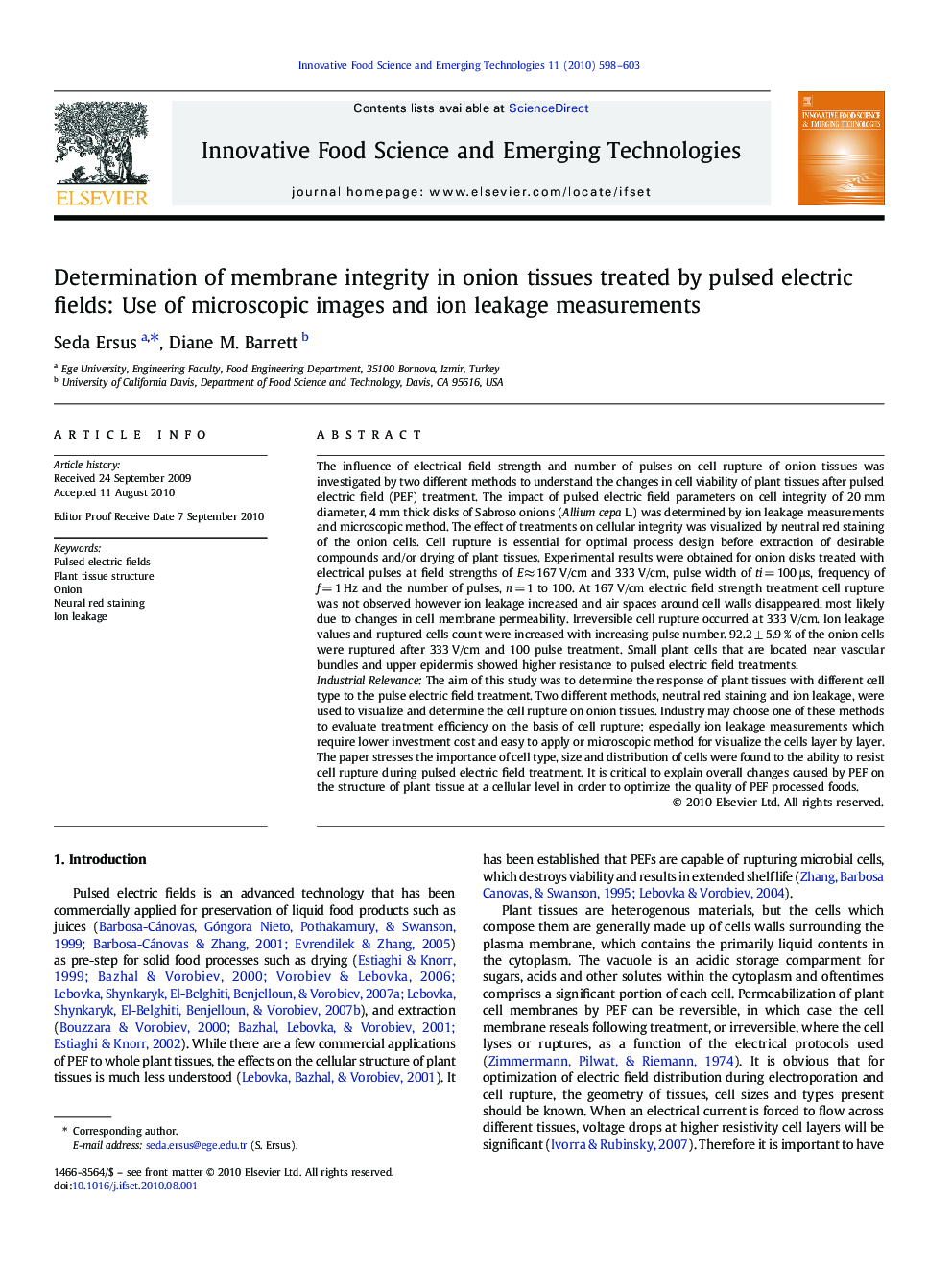 Determination of membrane integrity in onion tissues treated by pulsed electric fields: Use of microscopic images and ion leakage measurements