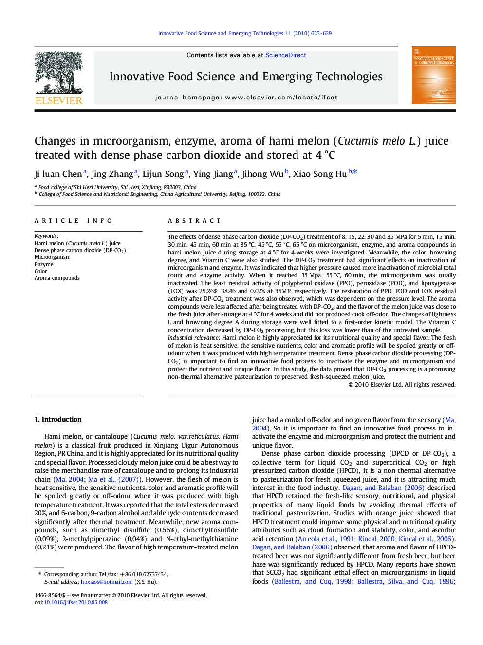 Changes in microorganism, enzyme, aroma of hami melon (Cucumis melo L.) juice treated with dense phase carbon dioxide and stored at 4 °C