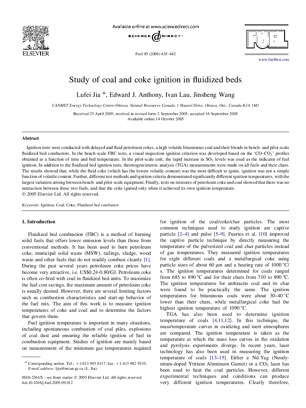 Study of coal and coke ignition in fluidized beds