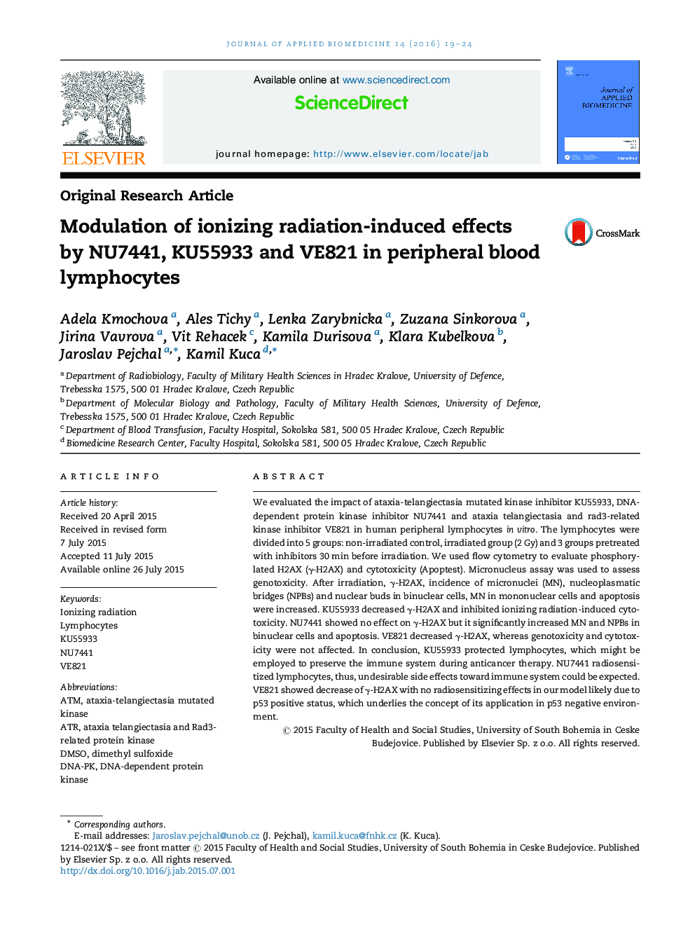 Modulation of ionizing radiation-induced effects by NU7441, KU55933 and VE821 in peripheral blood lymphocytes