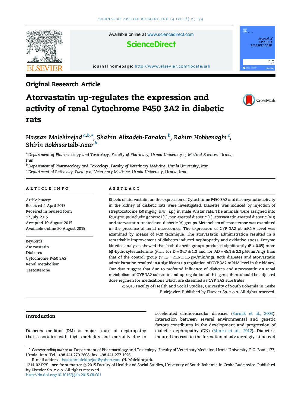 Atorvastatin up-regulates the expression and activity of renal Cytochrome P450 3A2 in diabetic rats