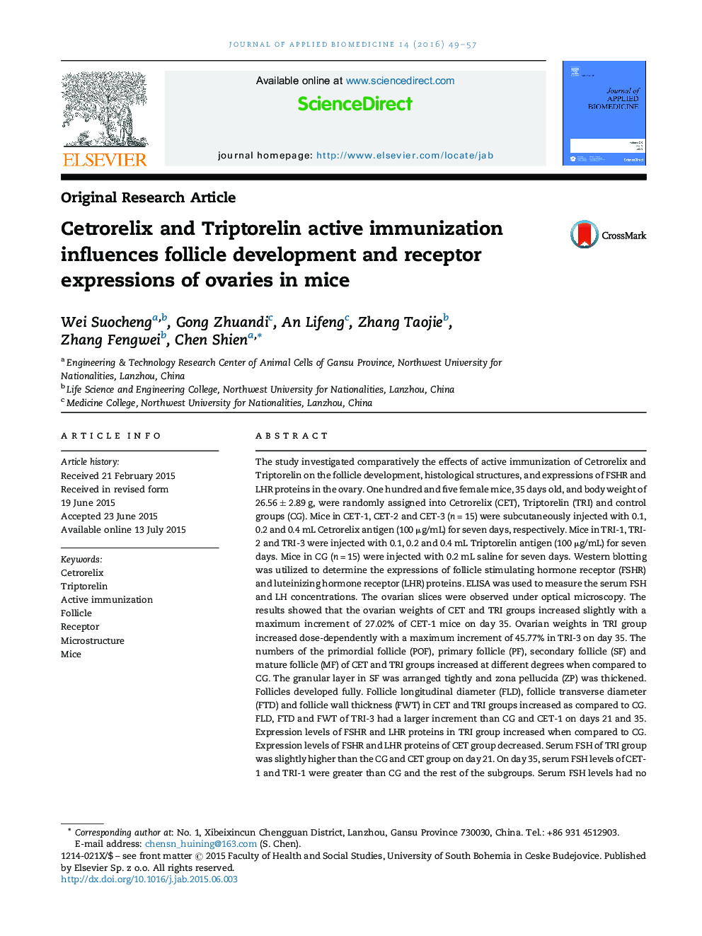 Cetrorelix and Triptorelin active immunization influences follicle development and receptor expressions of ovaries in mice