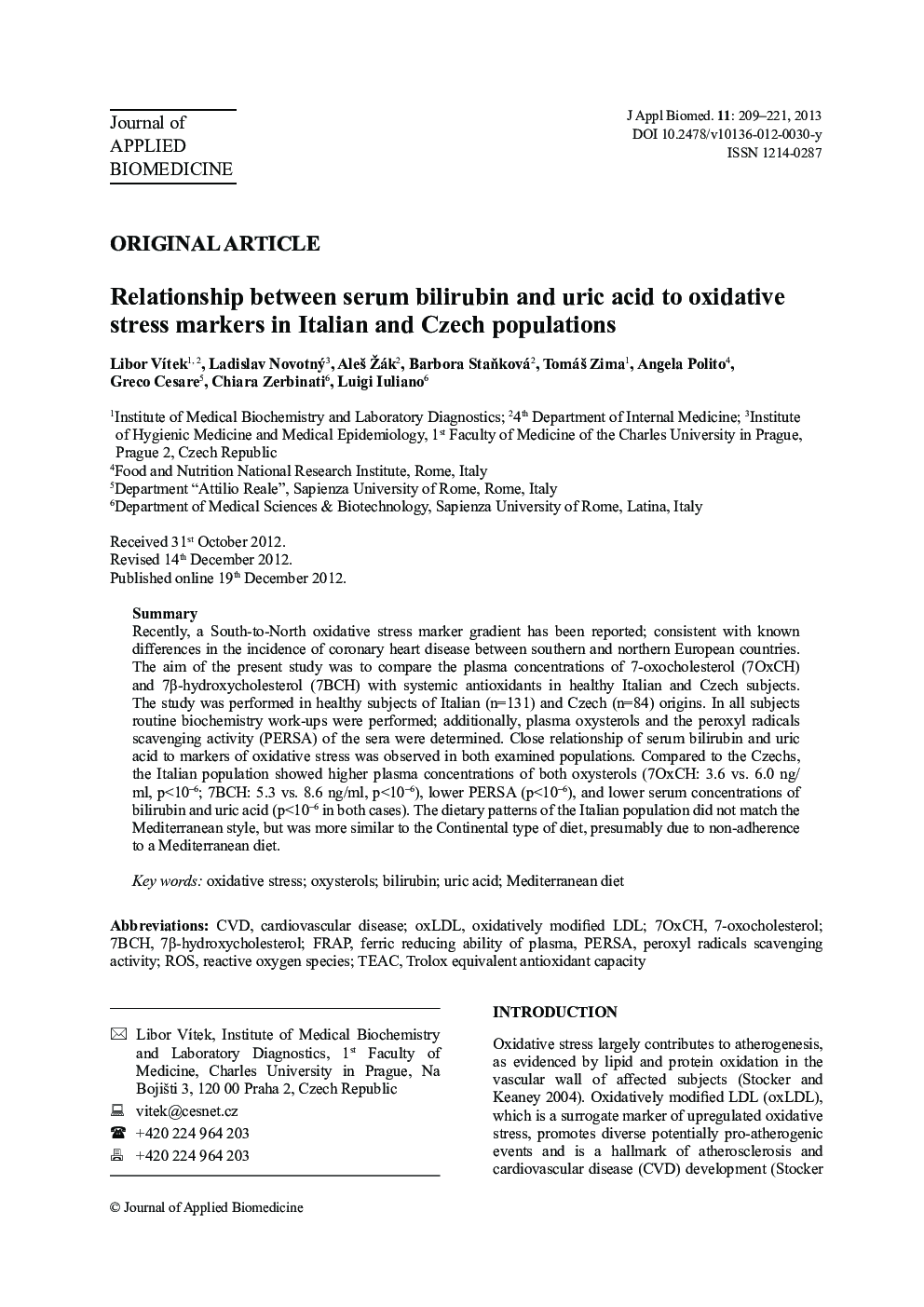 Relationship between serum bilirubin and uric acid to oxidative stress markers in Italian and Czech populations 