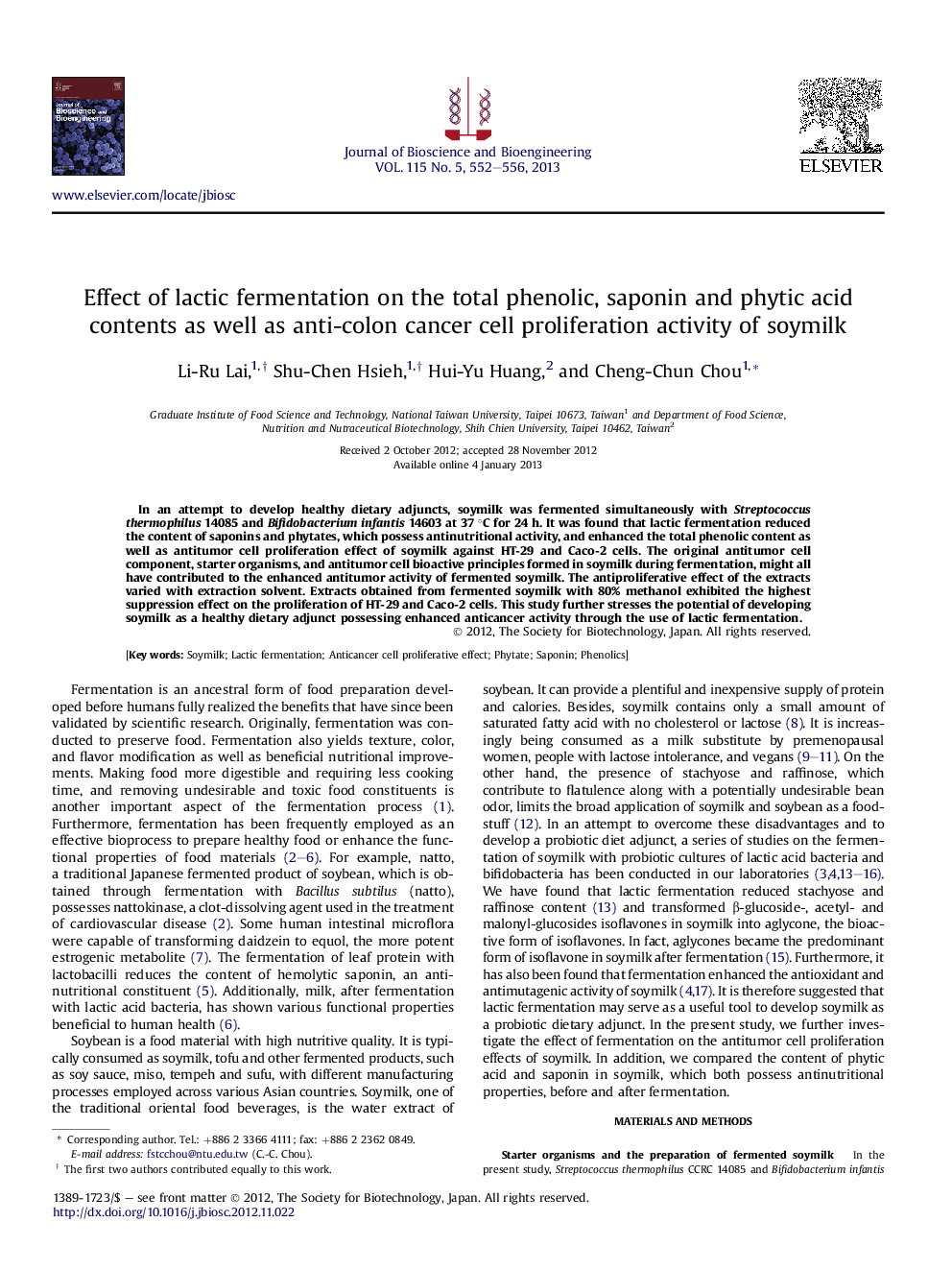 Effect of lactic fermentation on the total phenolic, saponin and phytic acid contents as well as anti-colon cancer cell proliferation activity of soymilk