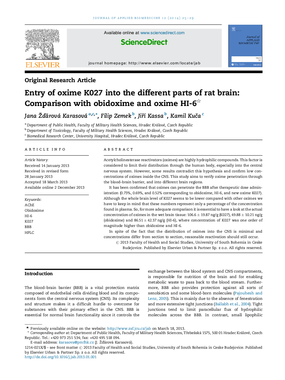 Entry of oxime K027 into the different parts of rat brain: Comparison with obidoxime and oxime HI-6 ★