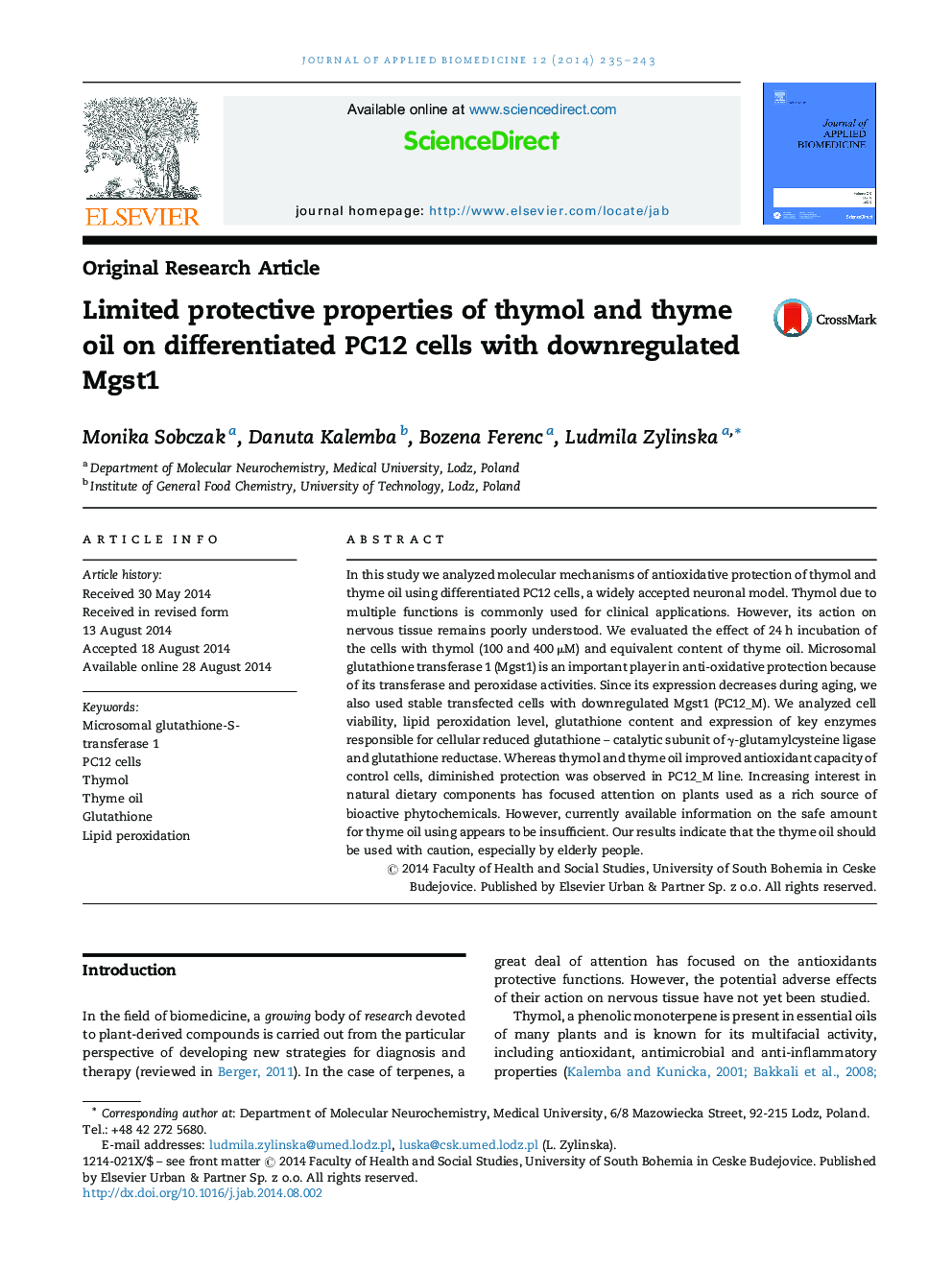 Limited protective properties of thymol and thyme oil on differentiated PC12 cells with downregulated Mgst1