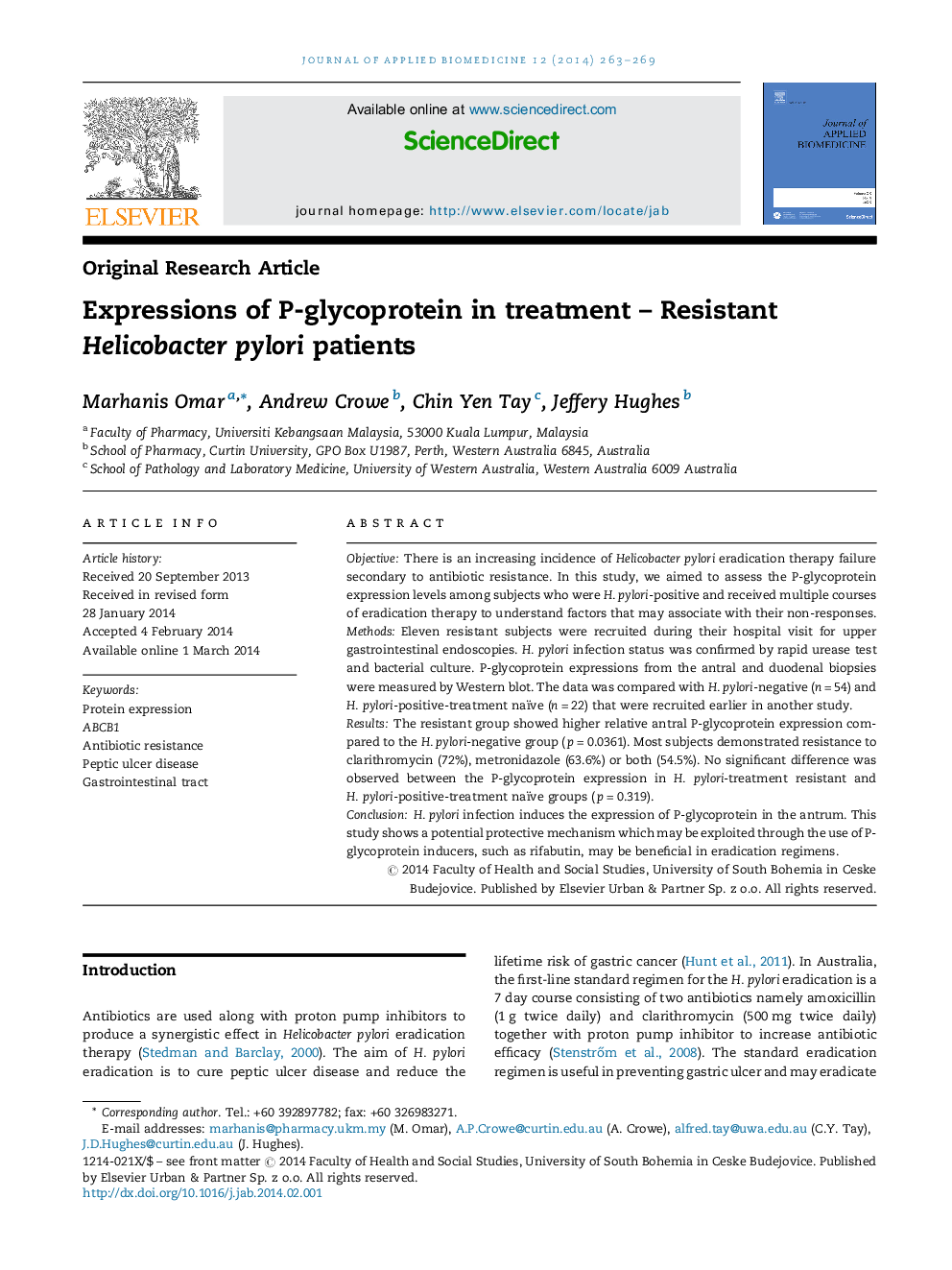 Expressions of P-glycoprotein in treatment – Resistant Helicobacter pylori patients