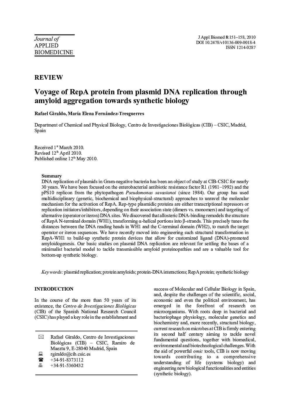 Voyage of RepA protein from plasmid DNA replication through amyloid aggregation towards synthetic biology 