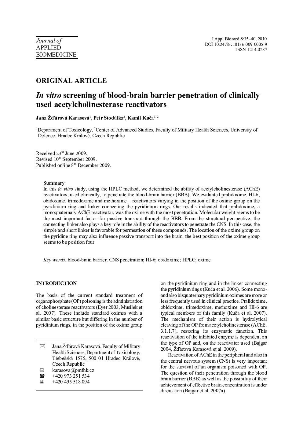 In vitro screening of blood-brain barrier penetration of clinically used acetylcholinesterase reactivators