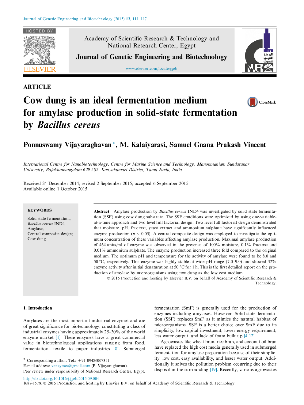 Cow dung is an ideal fermentation medium for amylase production in solid-state fermentation by Bacillus cereus 