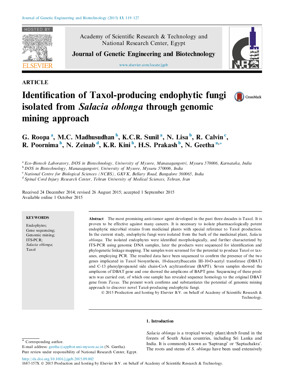 Identification of Taxol-producing endophytic fungi isolated from Salacia oblonga through genomic mining approach 