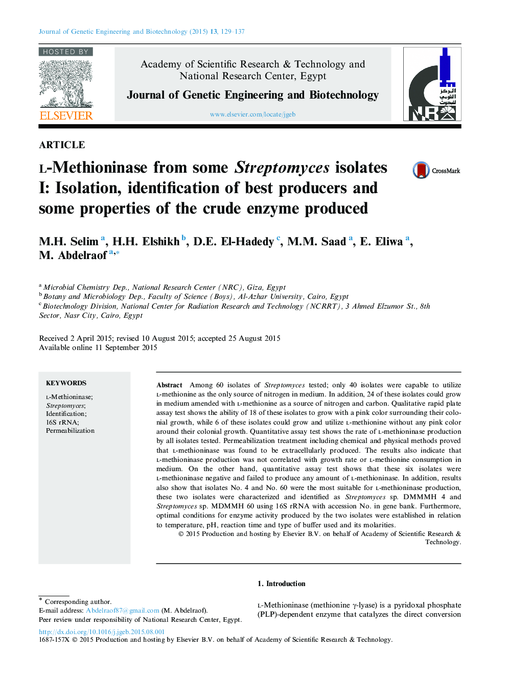 l-Methioninase from some Streptomyces isolates I: Isolation, identification of best producers and some properties of the crude enzyme produced 