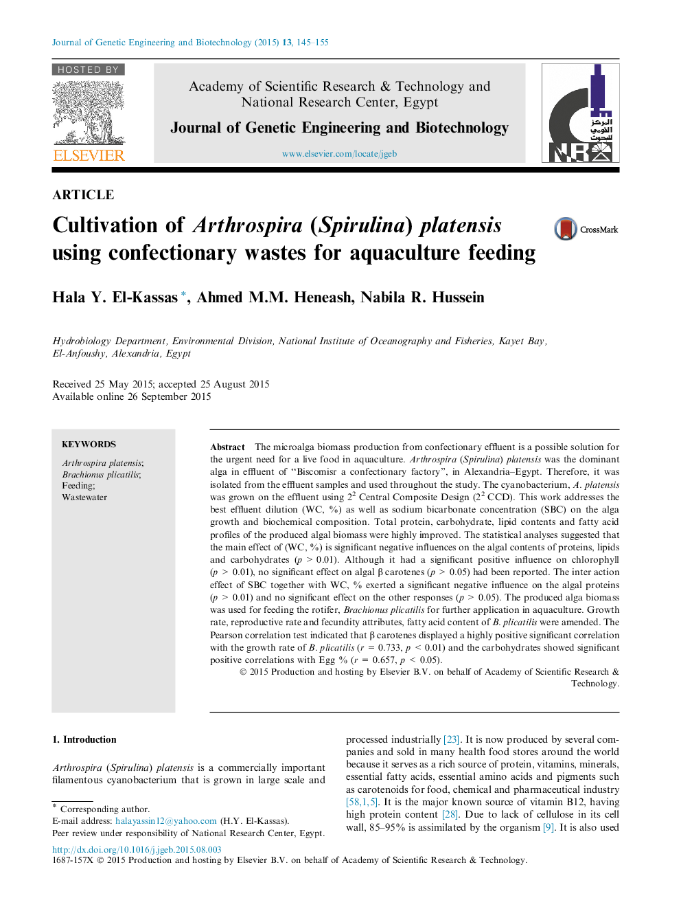 Cultivation of Arthrospira (Spirulina) platensis using confectionary wastes for aquaculture feeding 