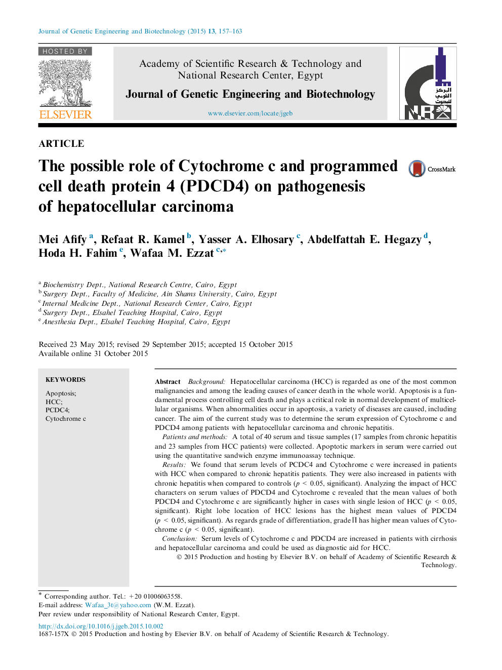 The possible role of Cytochrome c and programmed cell death protein 4 (PDCD4) on pathogenesis of hepatocellular carcinoma 