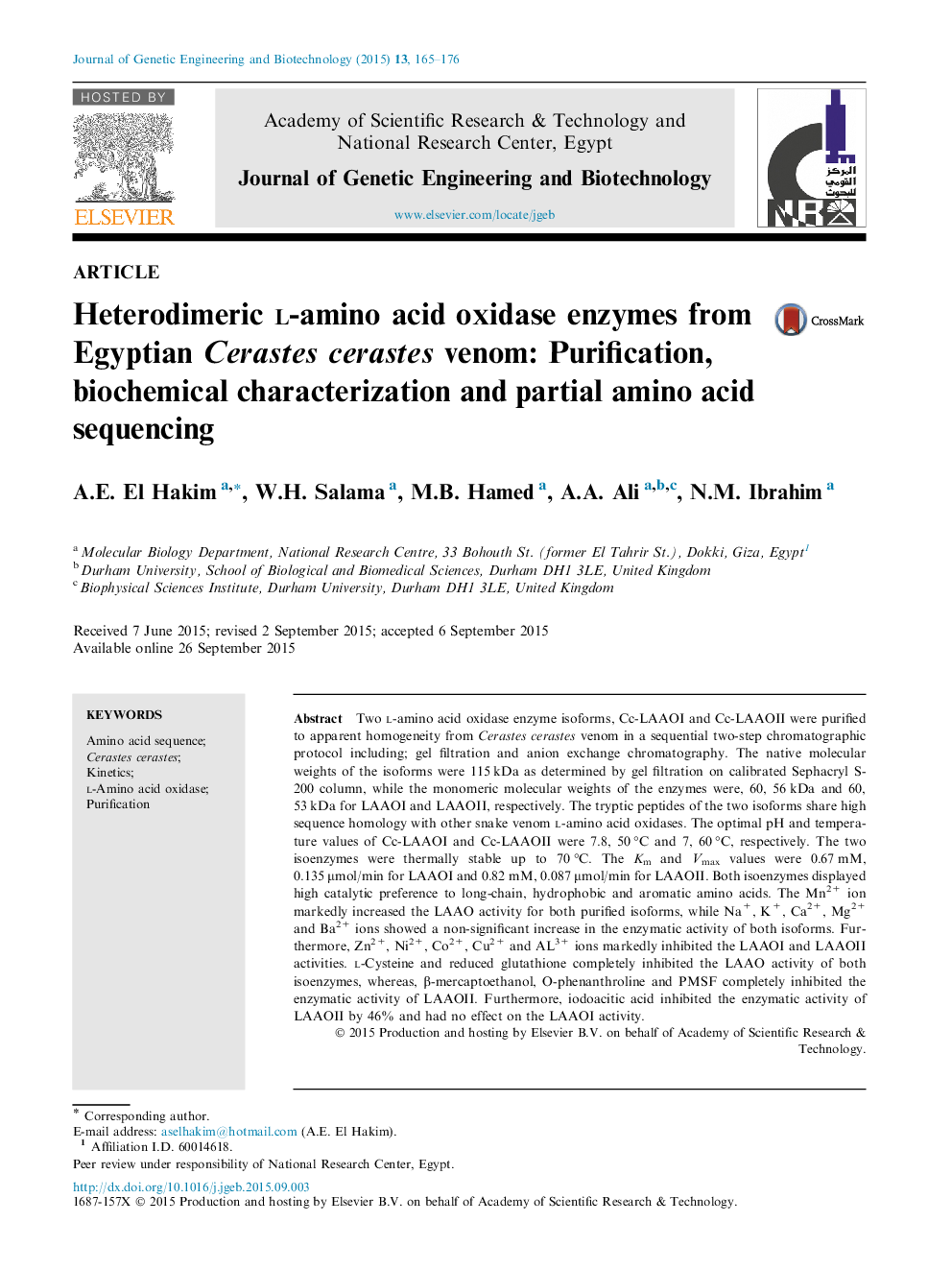 Heterodimeric l-amino acid oxidase enzymes from Egyptian Cerastes cerastes venom: Purification, biochemical characterization and partial amino acid sequencing 