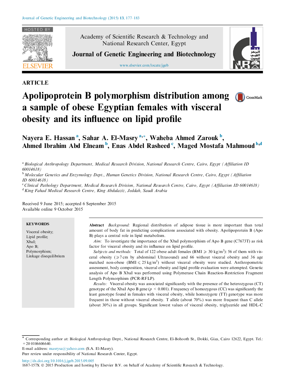 Apolipoprotein B polymorphism distribution among a sample of obese Egyptian females with visceral obesity and its influence on lipid profile 