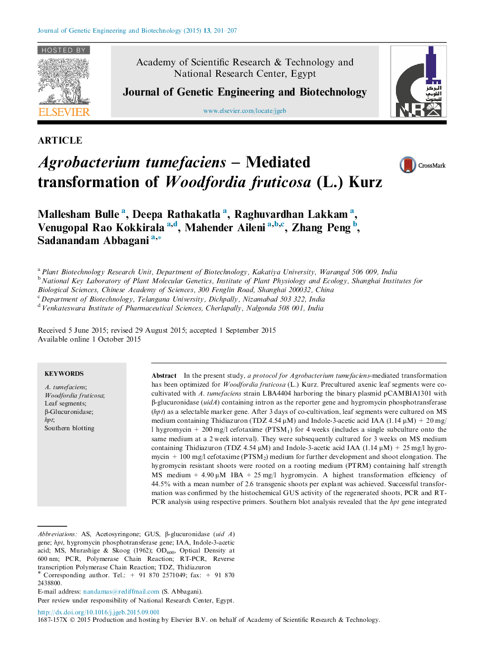 Agrobacterium tumefaciens – Mediated transformation of Woodfordia fruticosa (L.) Kurz 