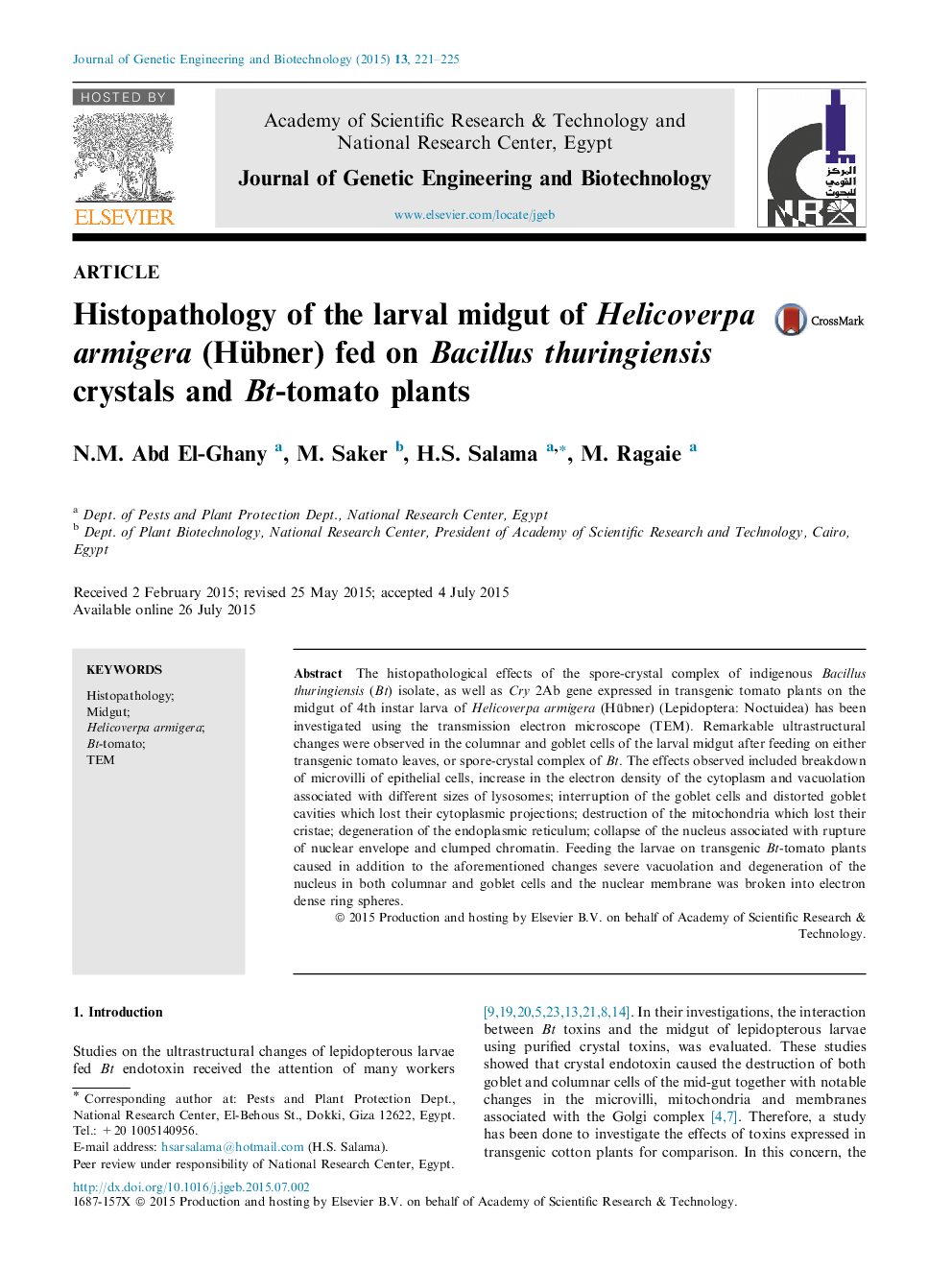 Histopathology of the larval midgut of Helicoverpa armigera (Hübner) fed on Bacillus thuringiensis crystals and Bt-tomato plants 