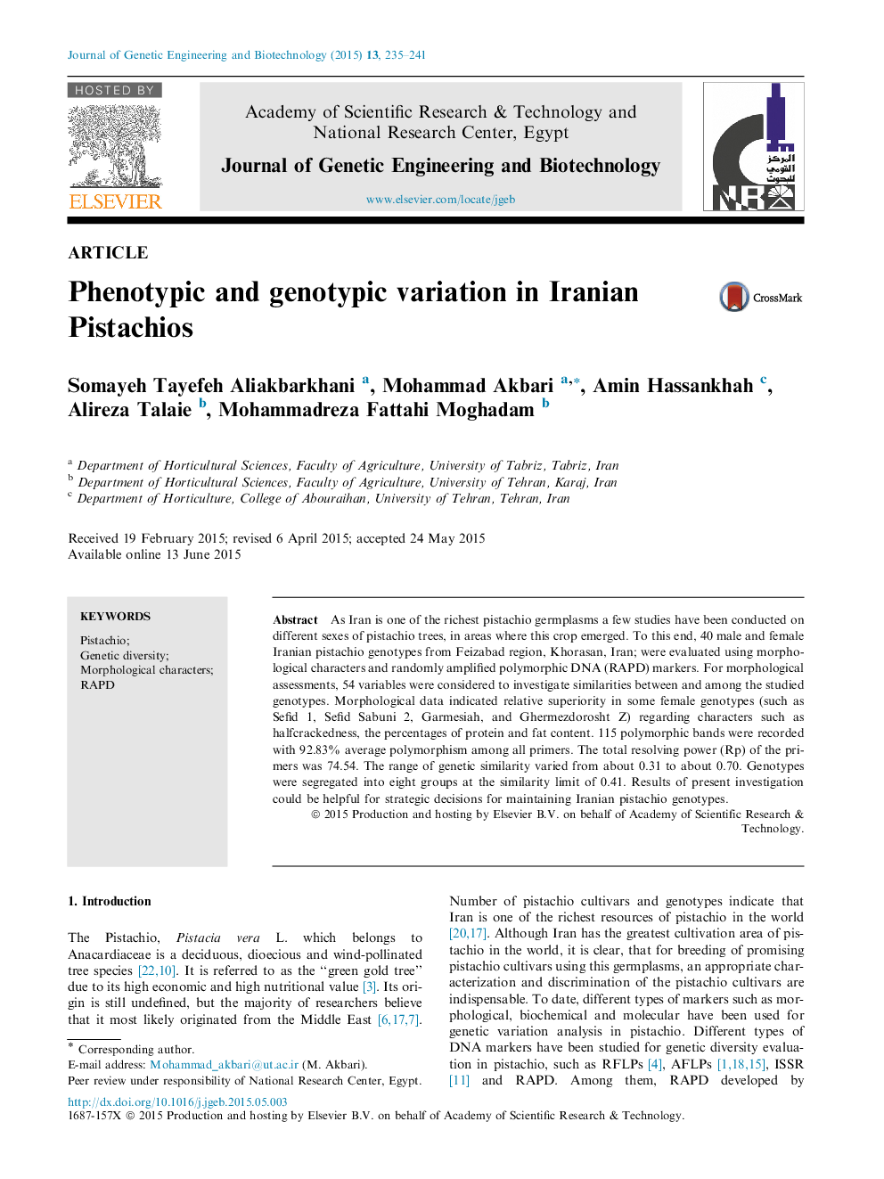 Phenotypic and genotypic variation in Iranian Pistachios 