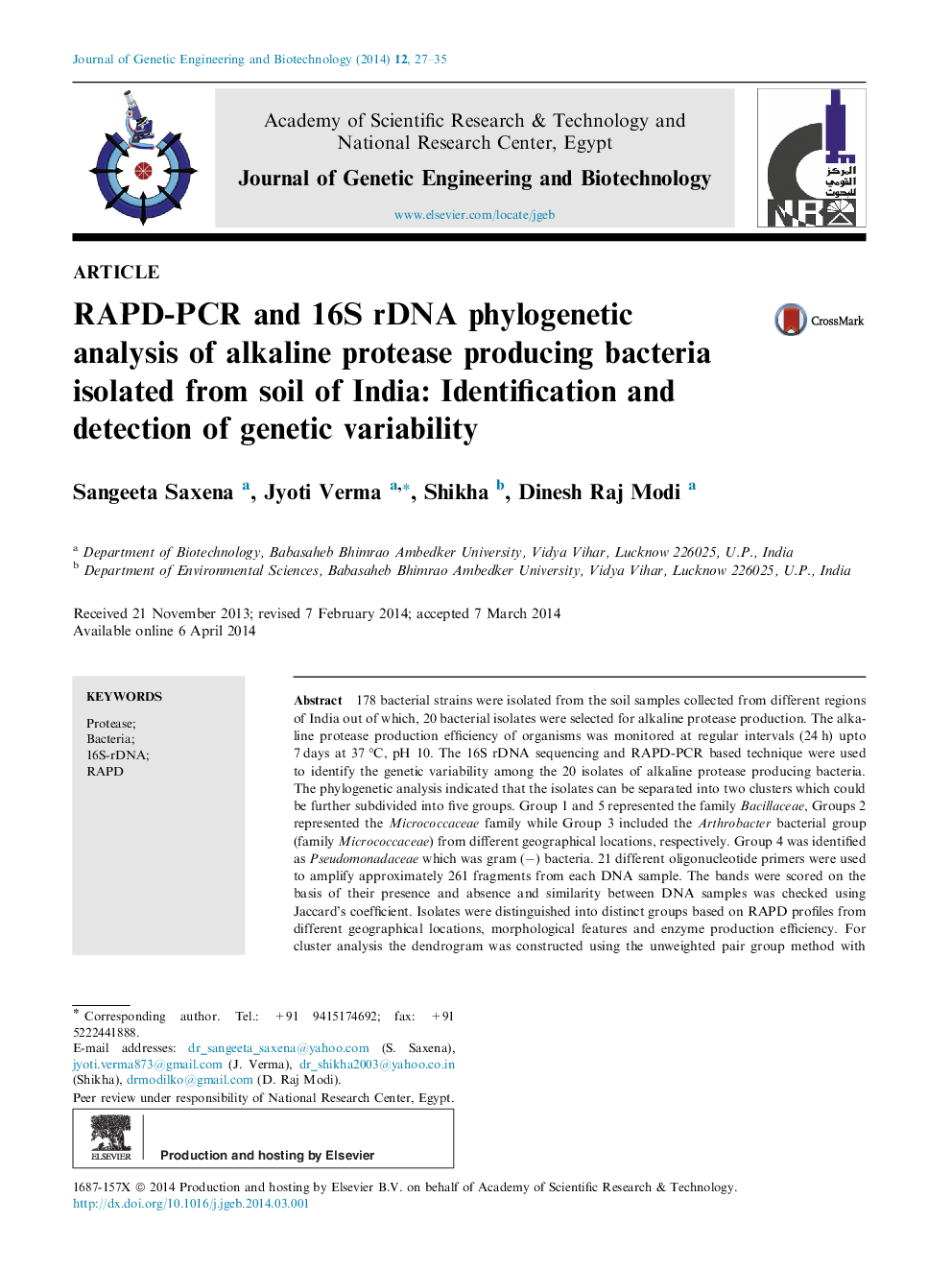 RAPD-PCR and 16S rDNA phylogenetic analysis of alkaline protease producing bacteria isolated from soil of India: Identification and detection of genetic variability 