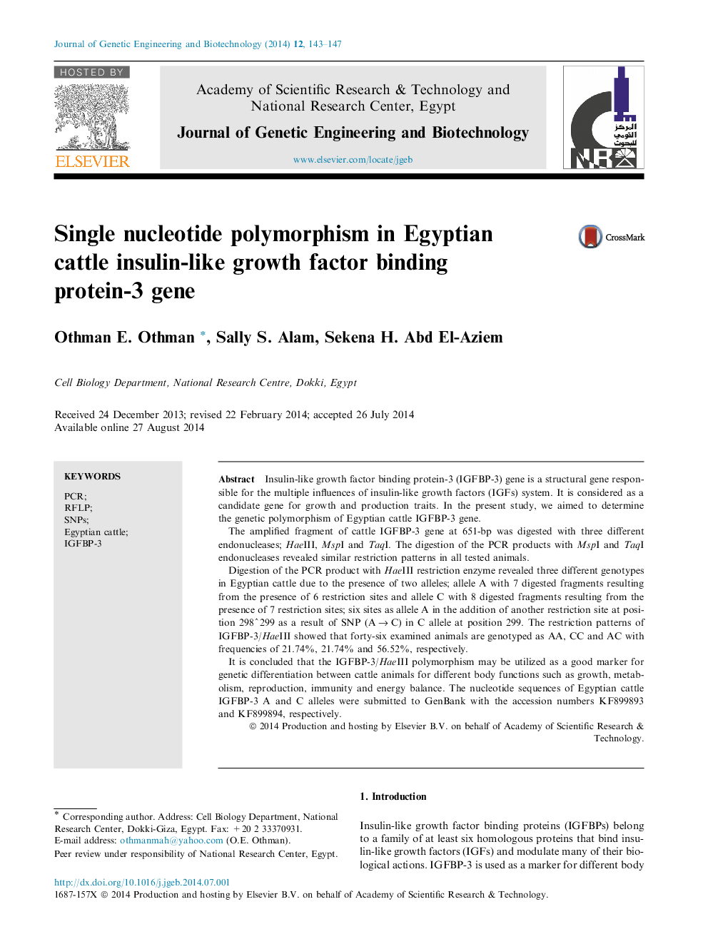 Single nucleotide polymorphism in Egyptian cattle insulin-like growth factor binding protein-3 gene 