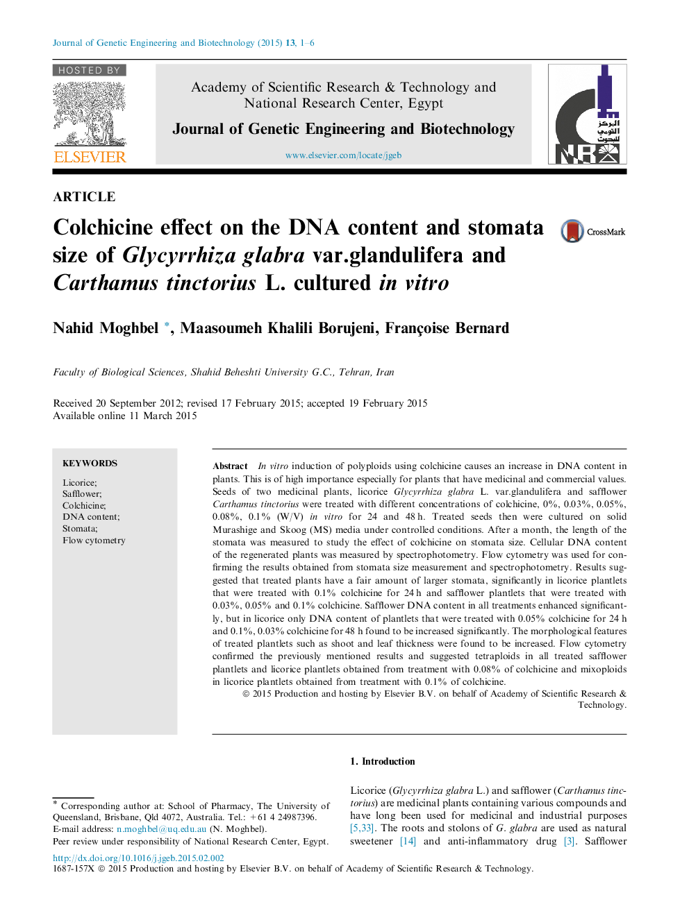 Colchicine effect on the DNA content and stomata size of Glycyrrhiza glabra var.glandulifera and Carthamus tinctorius L. cultured in vitro 