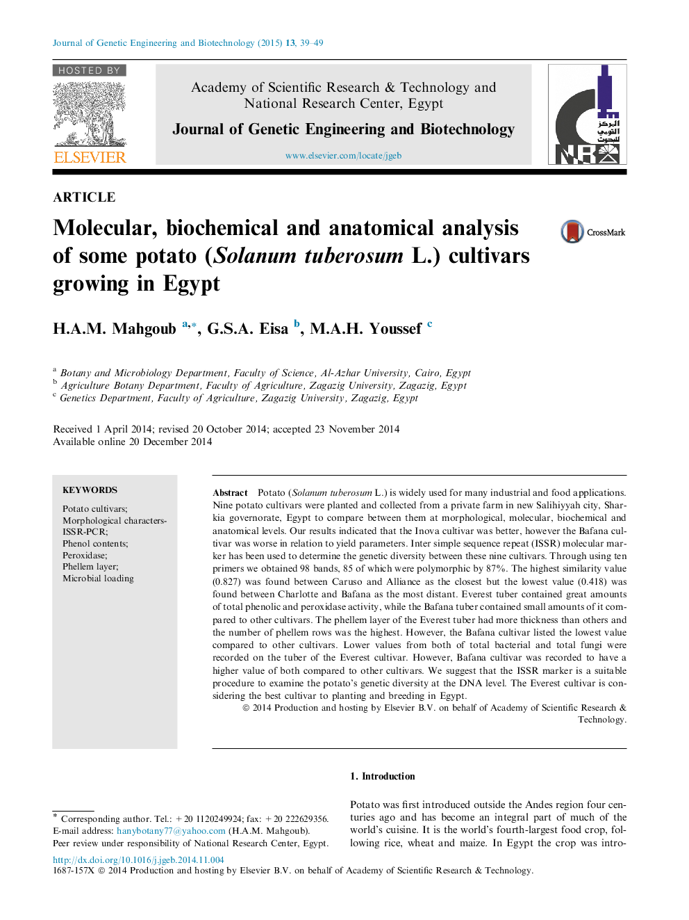 Molecular, biochemical and anatomical analysis of some potato (Solanum tuberosum L.) cultivars growing in Egypt 